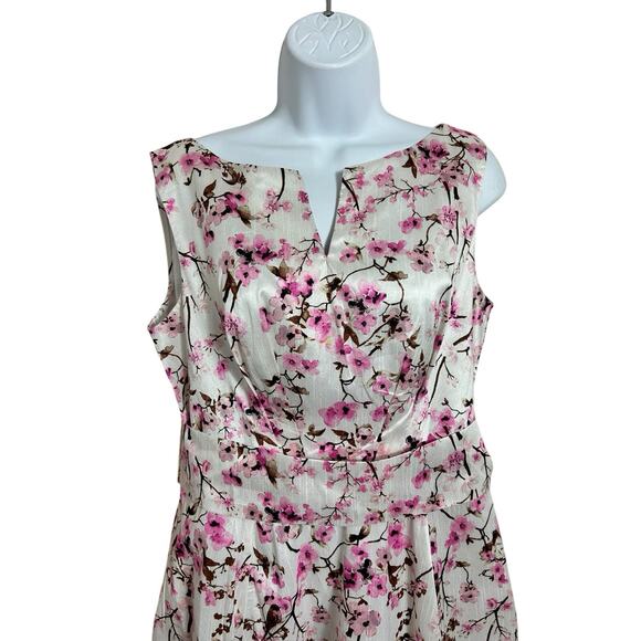 Cherry Blossom Print Dupioni Midi Dress Sz 16 Split Boat Neck Sash Belt New - Picture 11 of 13